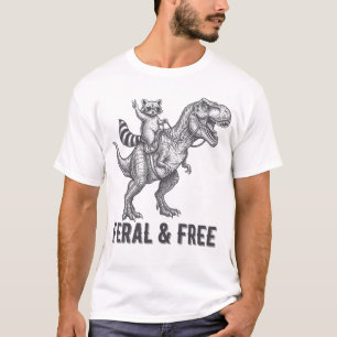 Feral and Free Racoon Riding a T-Rex Funny Retro T-Shirt