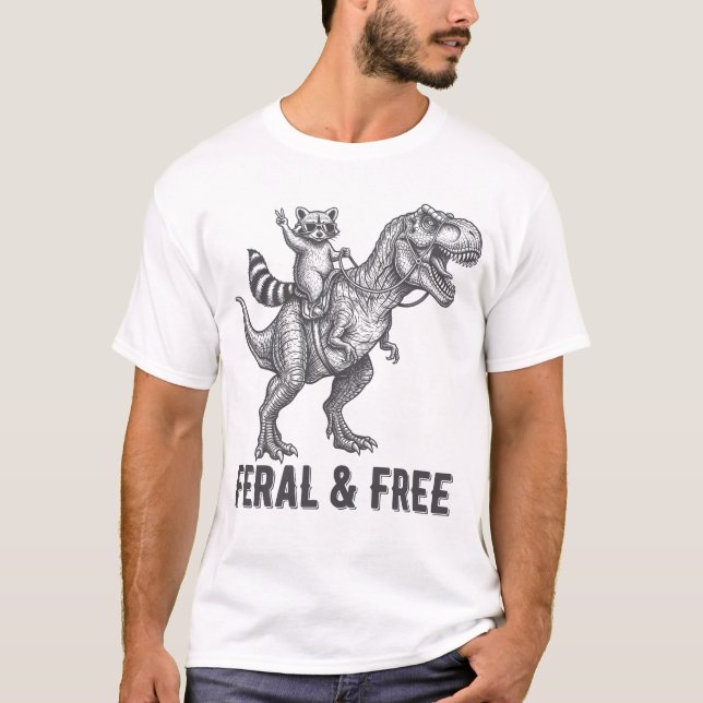 Feral and Free Racoon Riding a T-Rex Funny Retro T-Shirt (Front)