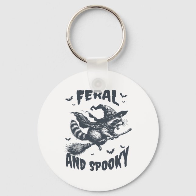Feral And Spooky Racoon Witch Hat Halloween Funny Key Ring (Front)