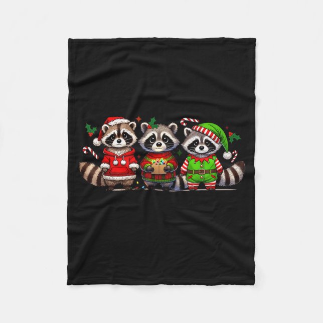 Feral But Festive Funny Christmas Cute Raccoon Elf Fleece Blanket (Front)