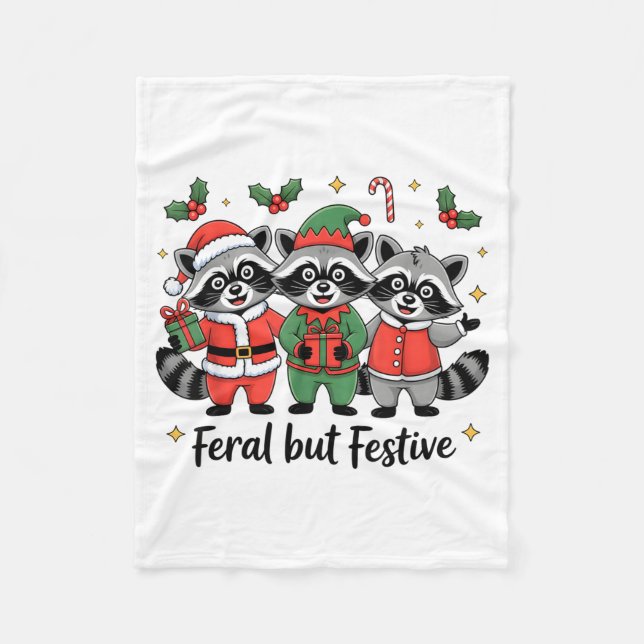 Feral But Festive Funny Christmas Cute Raccoon Elf Fleece Blanket (Front)