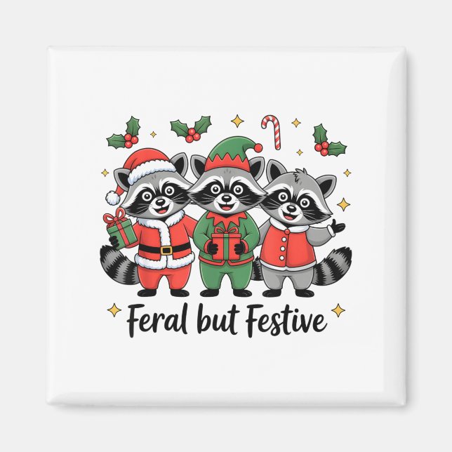 Feral But Festive Funny Christmas Cute Raccoon Elf Magnet (Front)