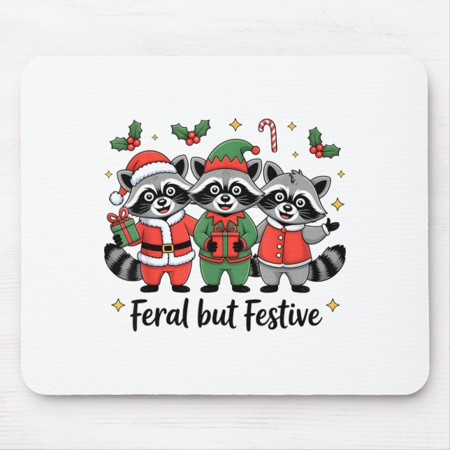 Feral But Festive Funny Christmas Cute Raccoon Elf Mouse Mat (Front)