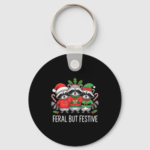 Feral But Festive Funny Raccoon Christmas Holiday Key Ring