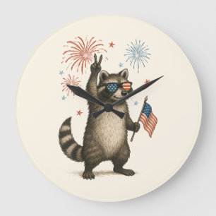 Feral But Free Fireworks Feral Racoon 4th Of July Large Clock