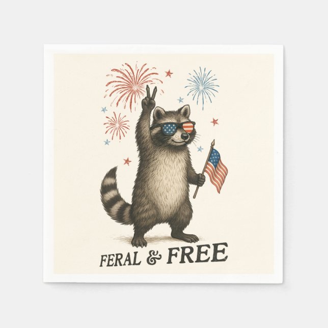 Feral But Free Fireworks Feral Racoon 4th Of July Napkin (Front)