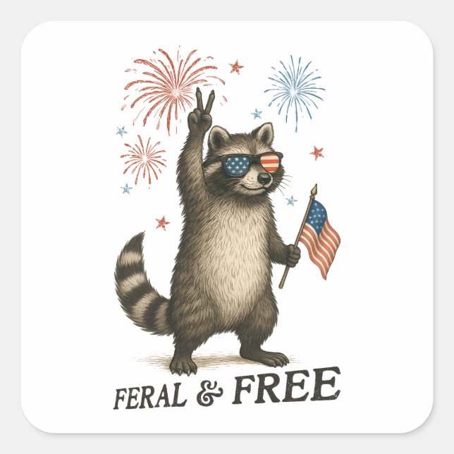 Feral But Free Fireworks Feral Racoon 4th Of July Square Sticker (Front)