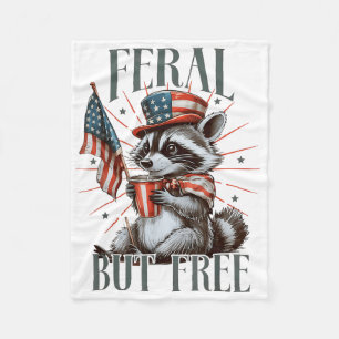 Feral But Free Funny Patriotic Racoon Meme 4th Of Fleece Blanket