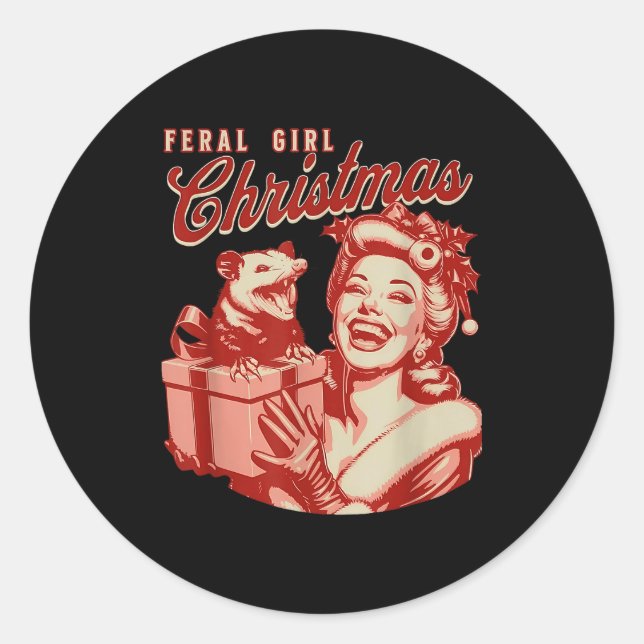 Feral Girl Christmas Funny Ossum Ssum Merry Xmas W Classic Round Sticker (Front)