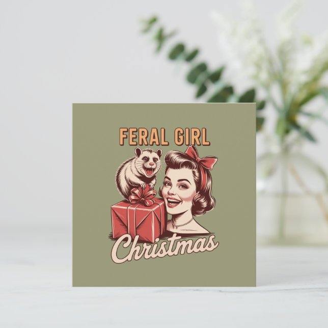 Feral Girl Christmas Opossum Xmas Trashy Retro Holiday Card (Standing Front)