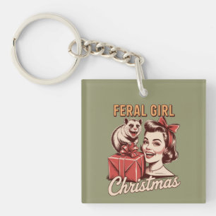 Feral Girl Christmas Opossum Xmas Trashy Retro Key Ring