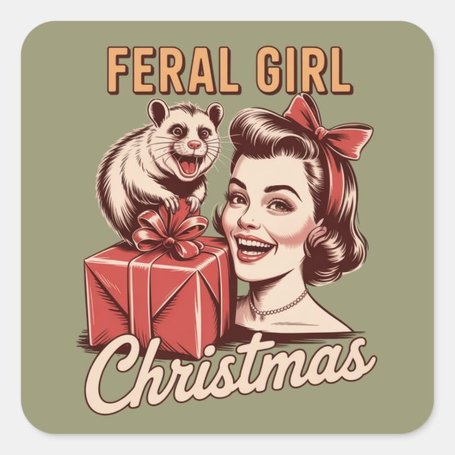 Feral Girl Christmas Opossum Xmas Trashy Retro Square Sticker (Front)