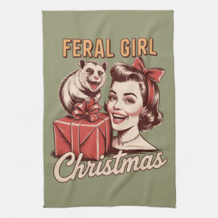 Feral Girl Christmas Opossum Xmas Trashy Retro Tea Towel