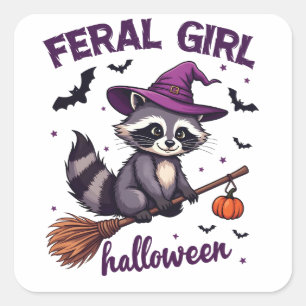 Feral Girl Halloween Spooky Racoon Witch Gift  Square Sticker