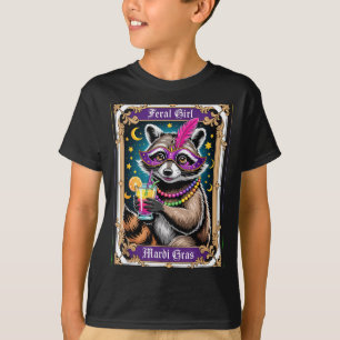 Feral girl mardi gras carnival colorful raccoon T-Shirt