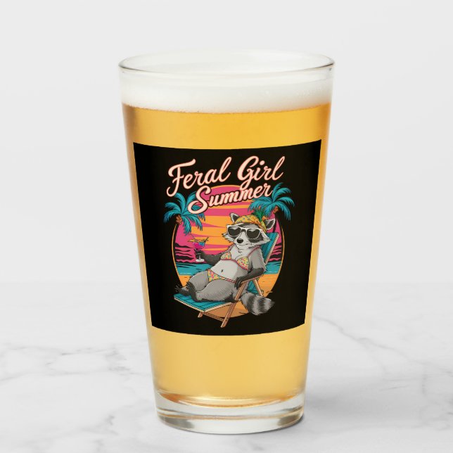 Feral Girl Summer Beach Funny Racoon Glass (Front Filled)