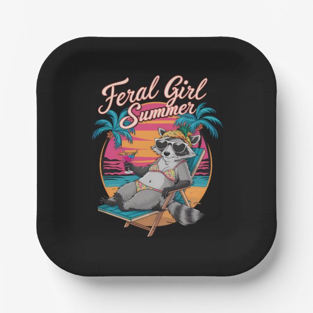 Feral Girl Summer Beach Funny Racoon Paper Plate (Front)