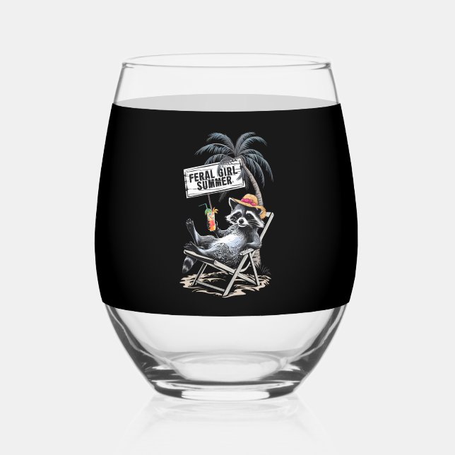 Feral Girl Summer Beach Funny Racoon Stemless Wine Glass (Front)