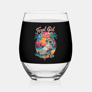 Feral Girl Summer Beach Funny Racoon Stemless Wine Glass