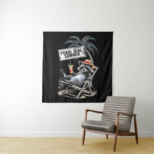 Feral Girl Summer Beach Funny Racoon Tapestry