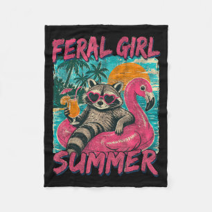 Feral Girl Summer Break Funny Racoon Flamingo Fleece Blanket
