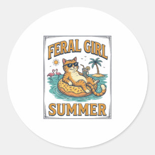 Feral Girl Summer Cat Float Vintage Shirt Design_1 Classic Round Sticker