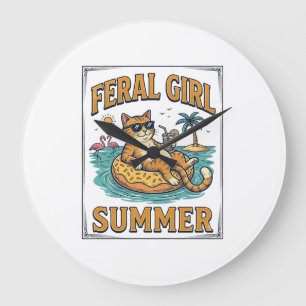 Feral Girl Summer Cat Float Vintage Shirt Design_1 Large Clock