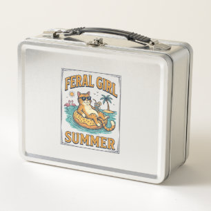 Feral Girl Summer Cat Float Vintage Shirt Design_1 Metal Lunch Box