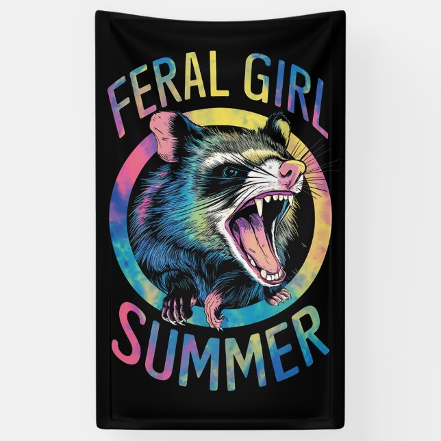 Feral Girl Summer Opossum Tie Dye Racoon Banner (Vertical)
