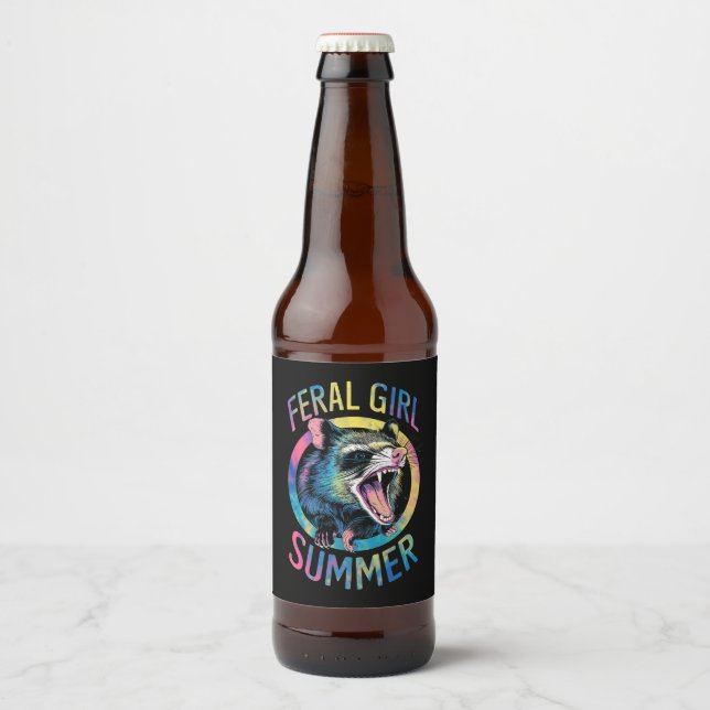 Feral Girl Summer Opossum Tie Dye Racoon Beer Bottle Label (Front)