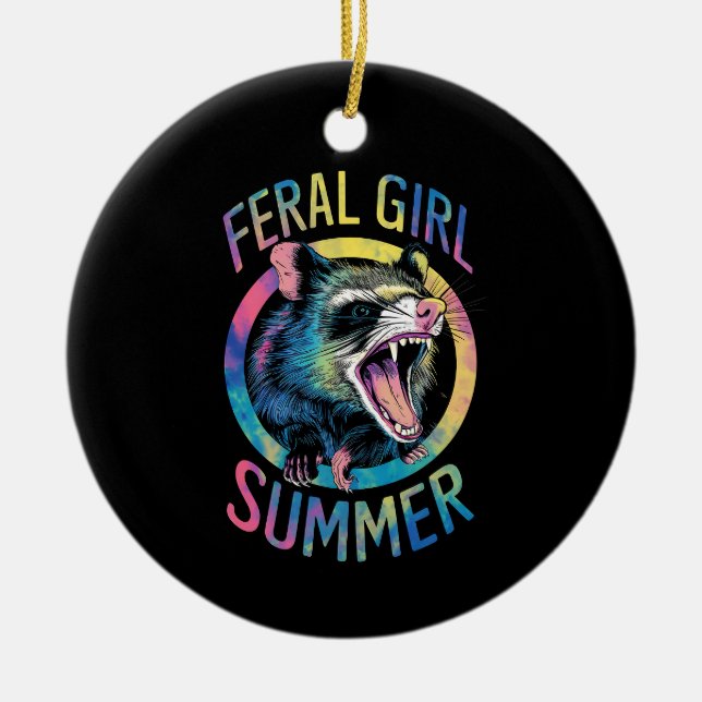 Feral Girl Summer Opossum Tie Dye Racoon Ceramic Tree Decoration (Front)