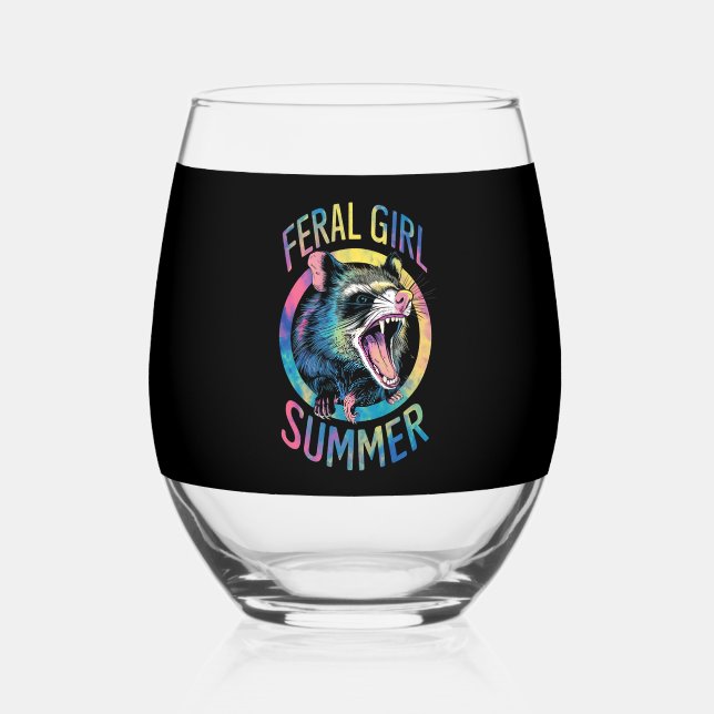 Feral Girl Summer Opossum Tie Dye Racoon Stemless Wine Glass (Back)