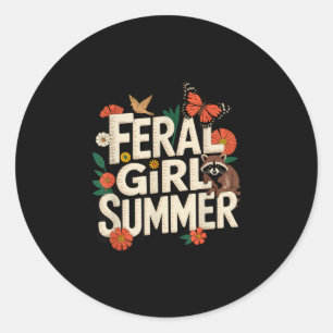 Feral girl summer racoon wildflowers funny classic round sticker