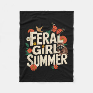 Feral girl summer racoon wildflowers funny fleece blanket