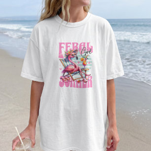 Feral Girl Summer Retro Flamingo Beach T-Shirt