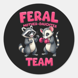 Feral Mother Daughter Team Funny Racoon Boxing Te Classic Round Sticker