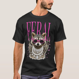 Feral Racoon With Pink Glasses And Pearl T-Shirt