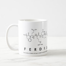 Mug featuring the name Ferdia spelled out in the single letter amino acid code