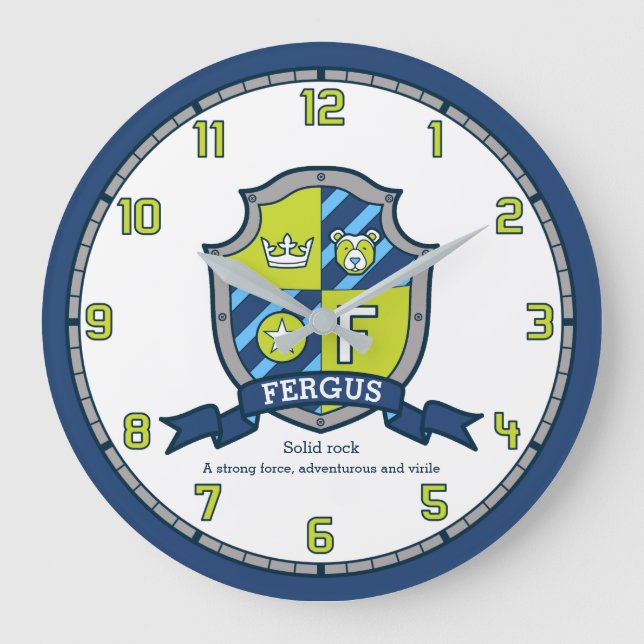 Fergus boys name meaning letter f green blue bear large clock (Front)