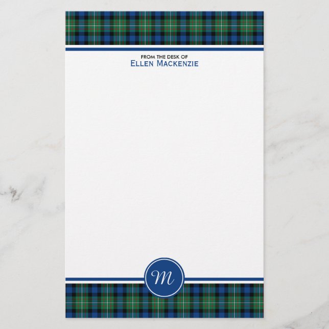 Ferguson Clan Tartan Blue and Green Monogram Stationery (Front)