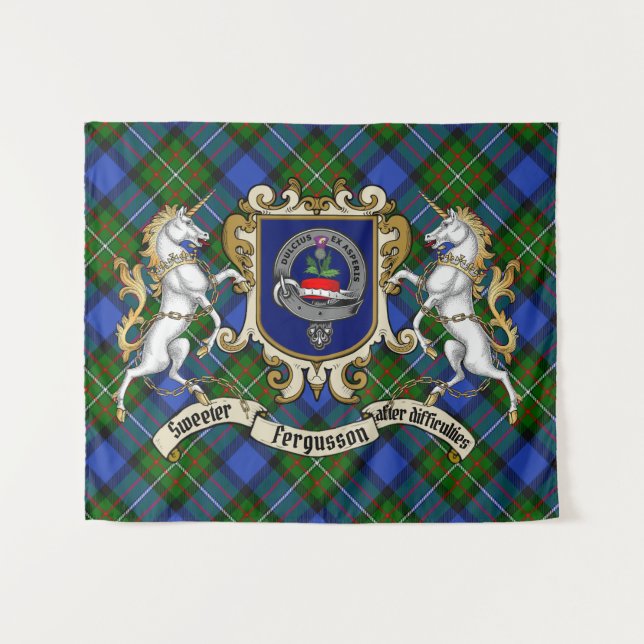 Fergusson Clan Badge & Unicorns w/Tartan  Tapestry (Front (Horizontal))