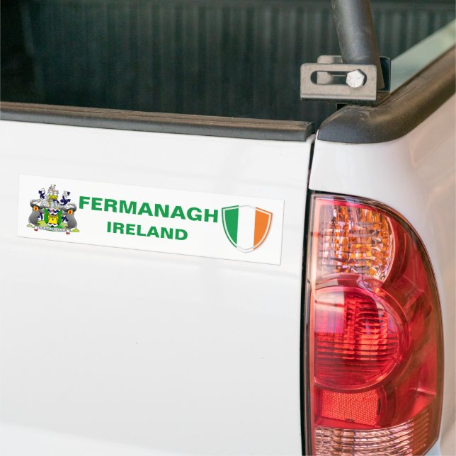 Fermanagh Ireland Crest and Irish Flag Bumper Sticker (On Truck)