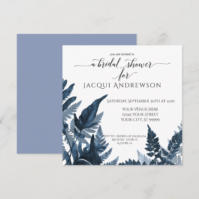 Fern Botanical Bridal Shower Cornflower Sky Blue Invitation (Front/Back)