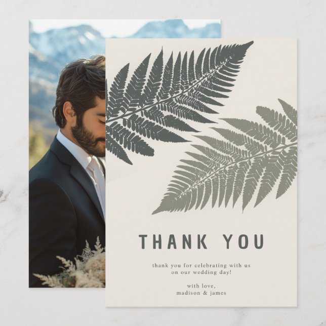 Fern Botanical Modern Minimal Woodland Wedding Thank You Card (Front/Back)