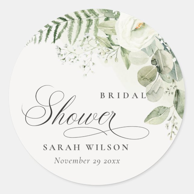 Fern Eucalyptus Greenery Foliage Bridal Shower Classic Round Sticker (Front)