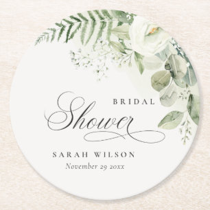Fern Eucalyptus Greenery Foliage Bridal Shower Round Paper Coaster