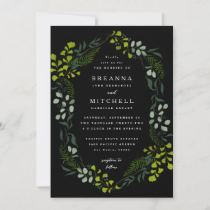 Fern Eucalyptus Hand-Drawn Greenery Black Wedding Invitation