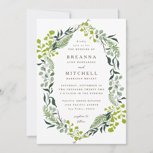 Fern Eucalyptus Hand-Drawn Greenery Wedding Invitation (Front)