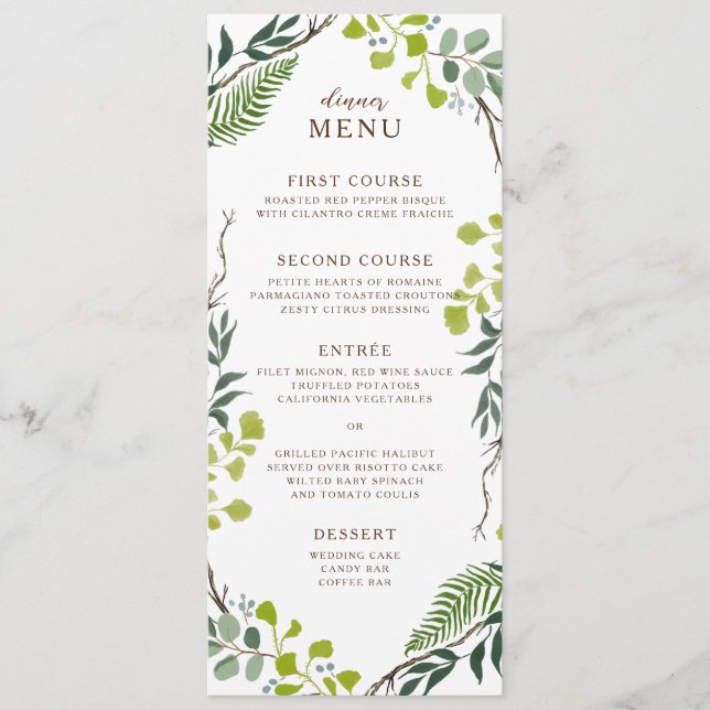 Fern Eucalyptus Hand-Drawn Greenery Wedding Menu (Front)