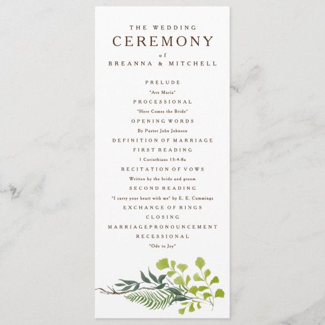 Fern Eucalyptus Hand-Drawn Greenery Wedding Programme (Front)